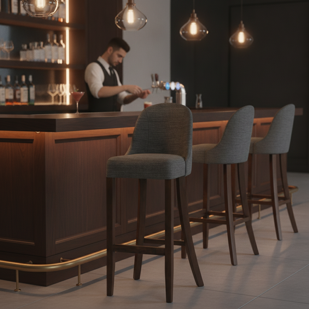 Rubber Wood Bar Chair with Shetland Smoke Upholstery 1030mm for Commercial Use