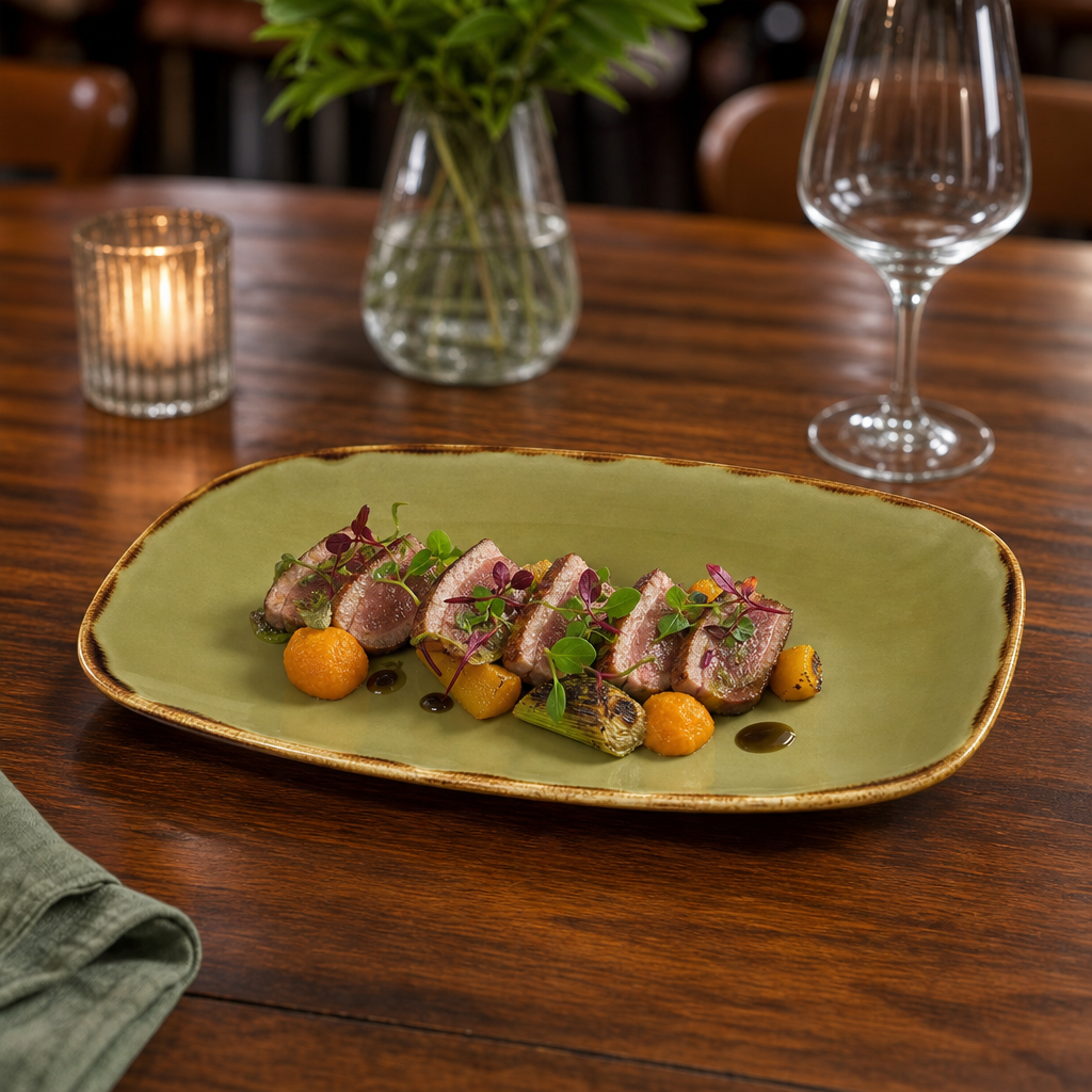 Oblong Chefs Plates Green Porcelain for Rustic Dining (Pack of 12)