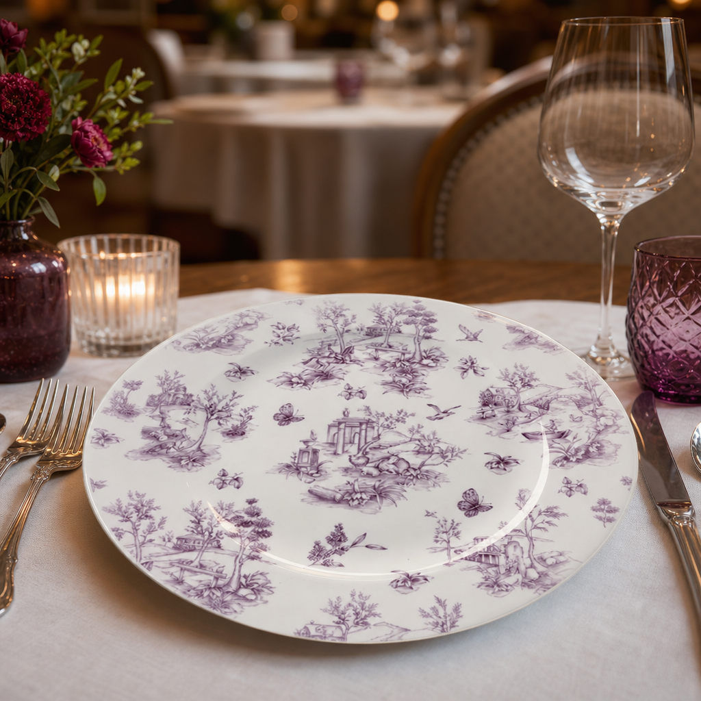 Cranberry Toile Print Porcelain Plates 305mm for Stylish Dining (Pack of 6)