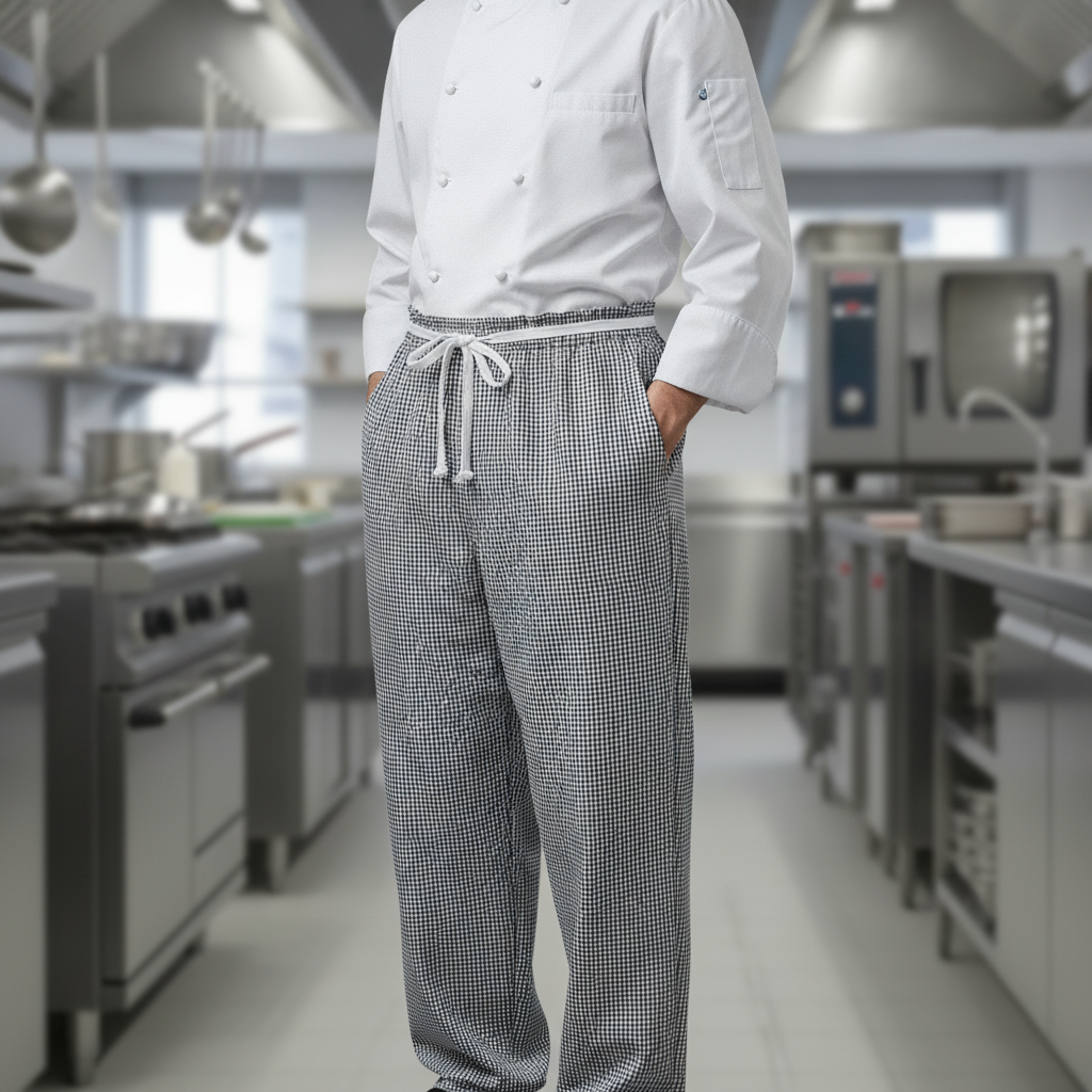Polycotton Small Black Check Baggy Chef Pants for Catering Staff
