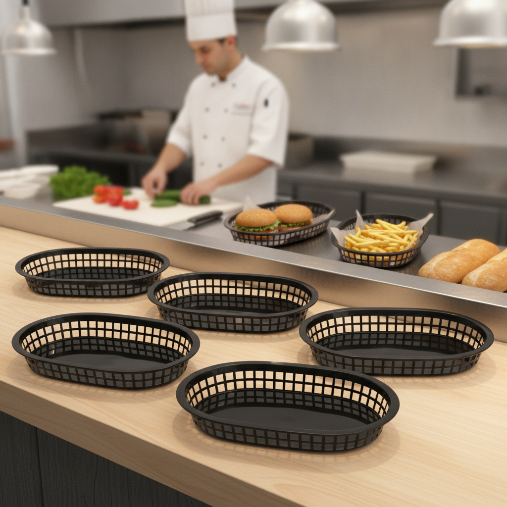 Polypropylene Oval Food Baskets Black 275mm for Quick Service (Pack of 6)