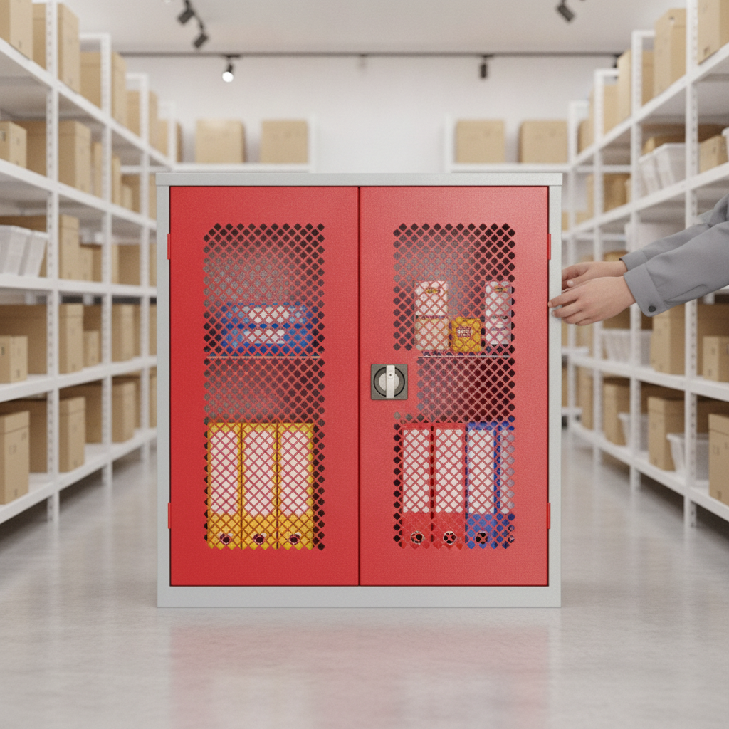 Powder Coated Steel Mesh-Fronted Stock Control Cupboard for Retail Spaces