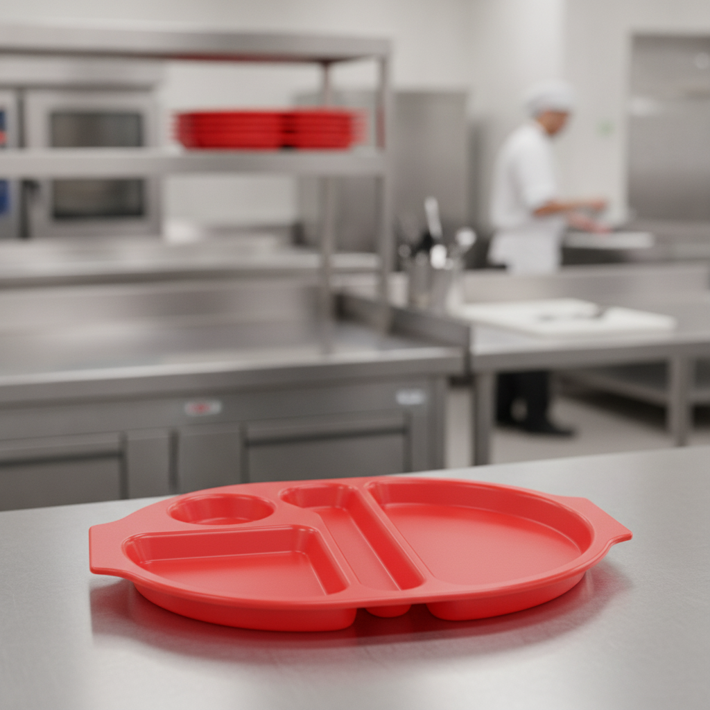 Polypropylene Red Oval Compartment Food Tray for Schools & Care Homes