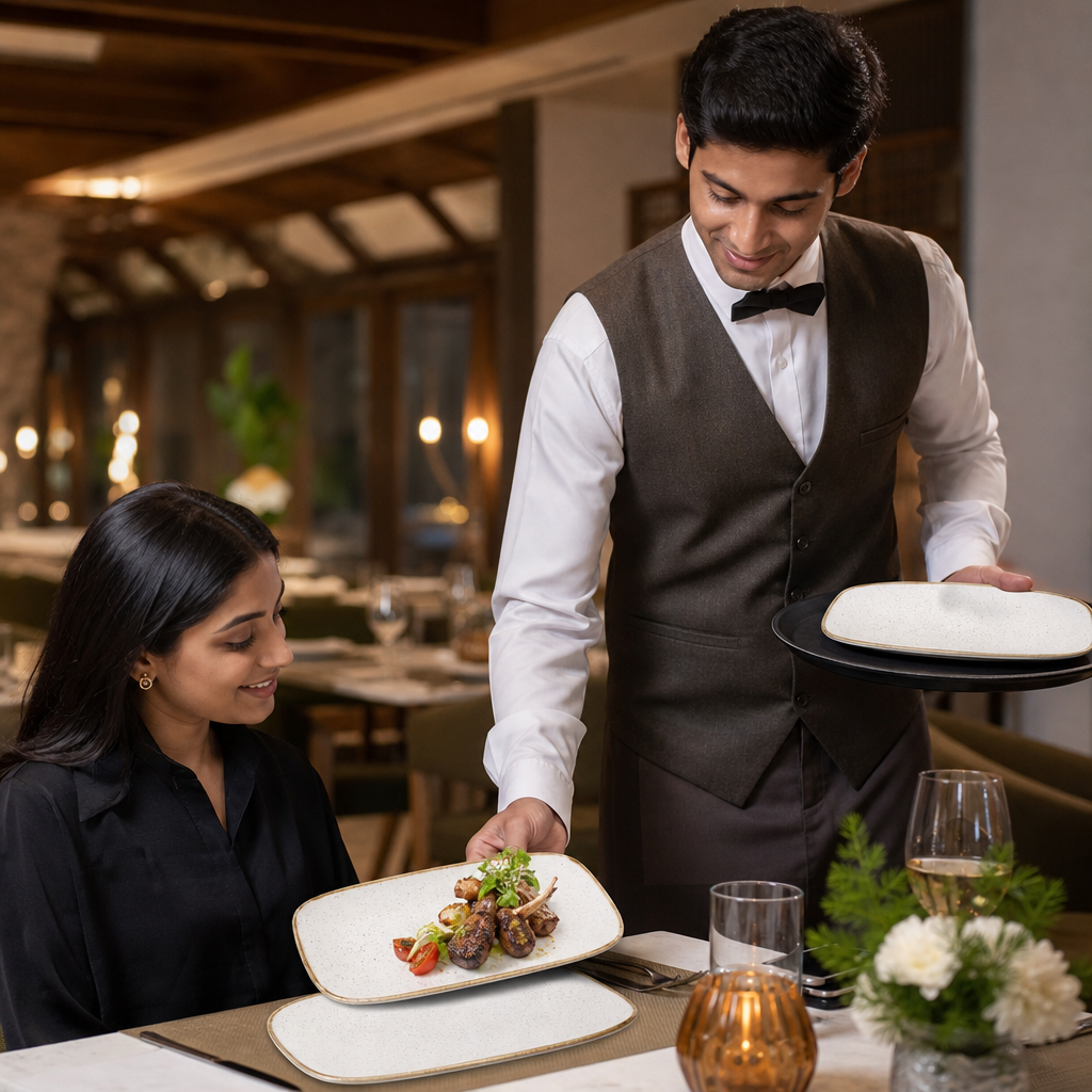 Rectangular Plates White Vitrified Ceramic for Dining (Pack of 6)