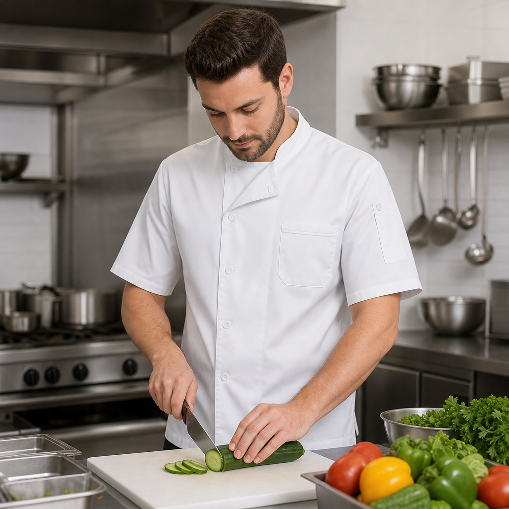 Short-Sleeved Polycotton Chef Jacket in White for Busy Kitchens