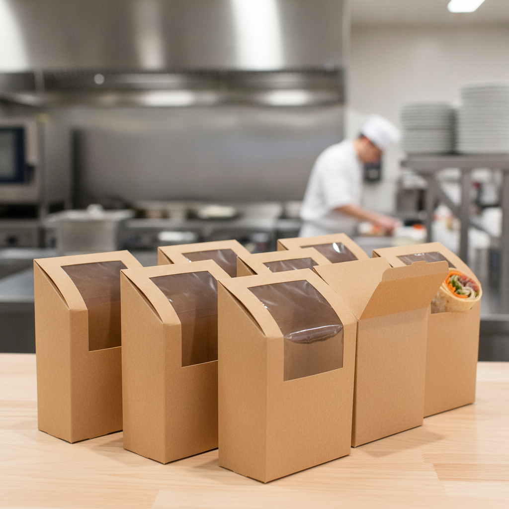 Brown Paperboard Wrap Box with PET Window for Takeaway Food (Pack of 500)