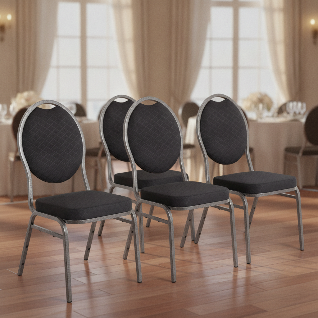 Steel Frame Banquet Chairs with Black Fabric for Events (Pack of 4)