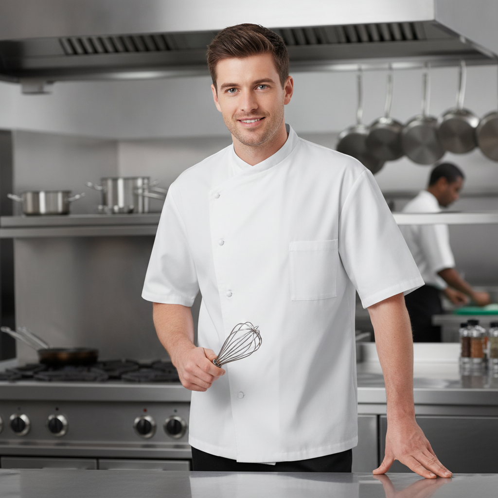 Polycotton White Short Sleeve Chef Jacket for Kitchen Use
