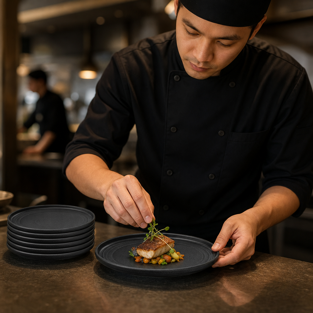 Textured Black Porcelain Flat Round Plates 180mm for Elegant Dining (Pack of 6)