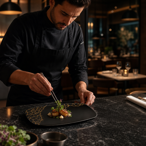 Chefs Oblong Plates Black Ceramic for Dining (Pack of 6)