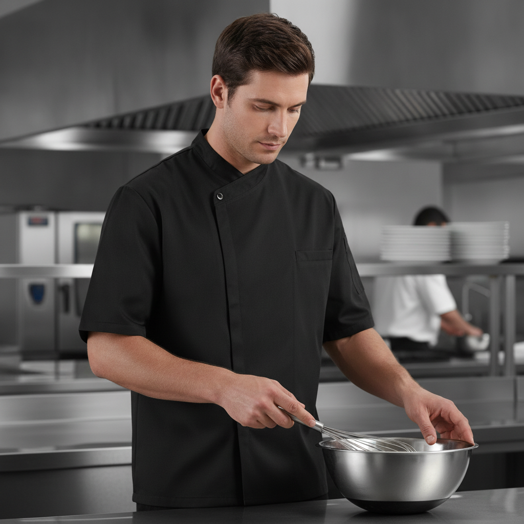 Cotton & Recycled Polyester Black Band Collar Chef Jacket for Professional Kitchens