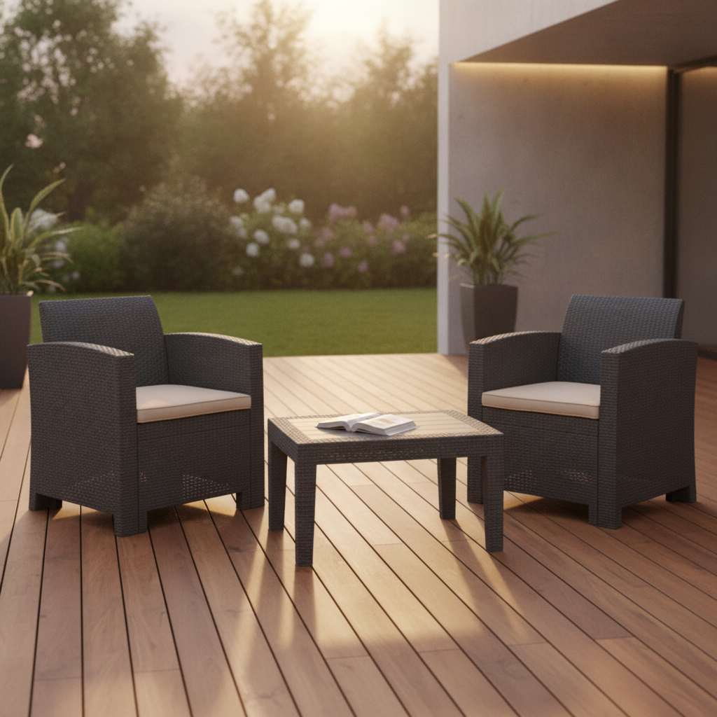 Plastic Charcoal Wicker Armchair and Table Set 755x657mm for Outdoor Dining