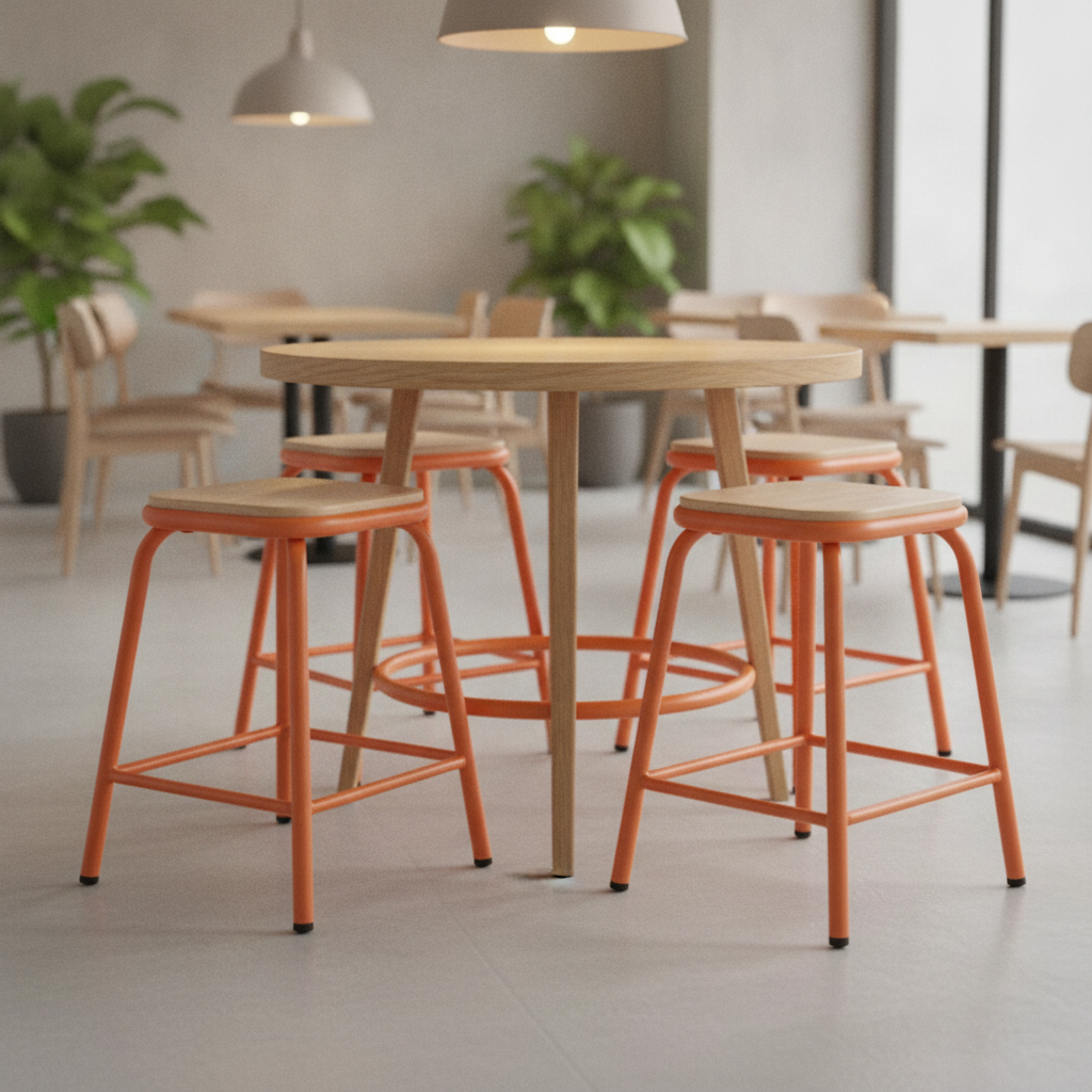 Steel and Ash Wood Low Stools in Orange 470x400mm for Casual Dining (Pack of 4)