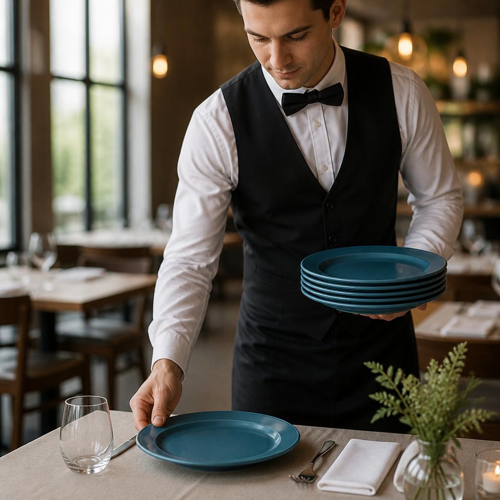 Rimmed Plates 260mm Blue Vitrified Ceramic for Healthcare Environments (Pack of 6)