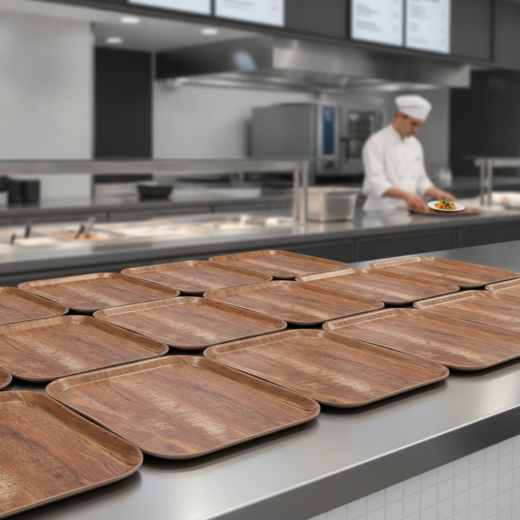 Polypropylene Rectangular Tray with Wood Grain Finish 430x330mm for Self-Serve Restaurants (Pack of 12)