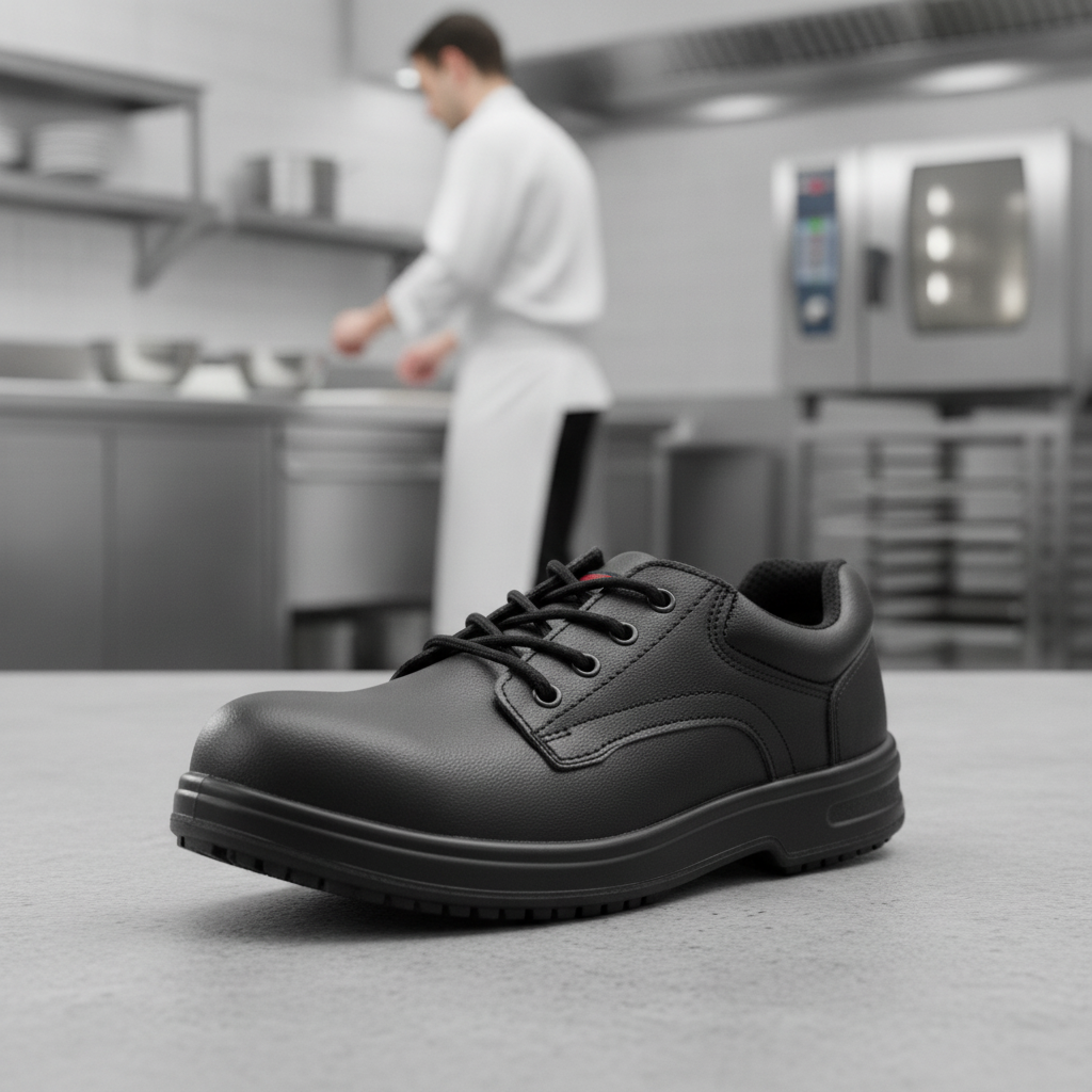 Microfibre Black Safety Shoes with Steel Toe Cap for Hospitality