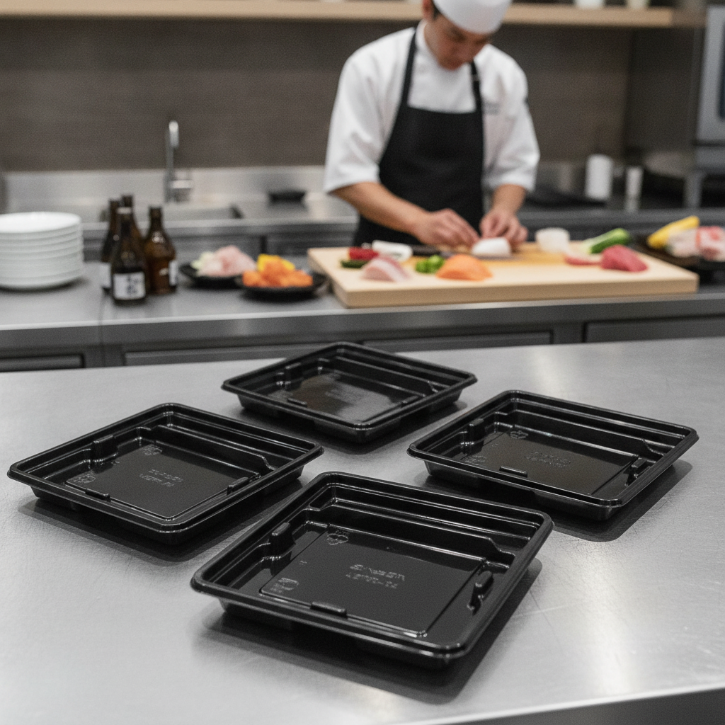 rPET Black Sushi Snack Trays 120 x 108mm for Deli & Sushi Restaurants (Pack of 1200)