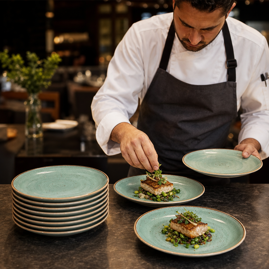 Hand-Decorated Stack Plates Aqua Vitrified Ceramic for Hospitality Use (Pack of 12)