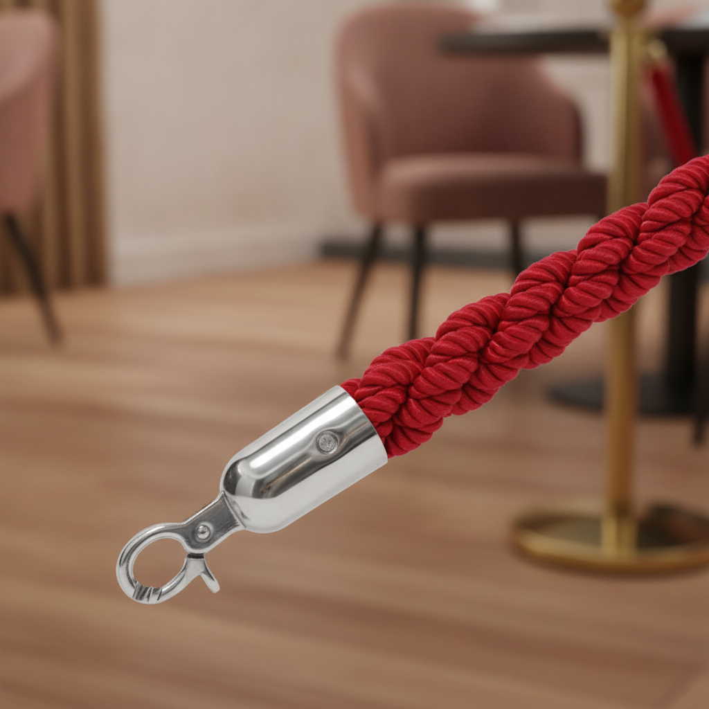 Red Twisted Barrier Rope 1.5m with Zinc Alloy Ends for Hospitality Venues