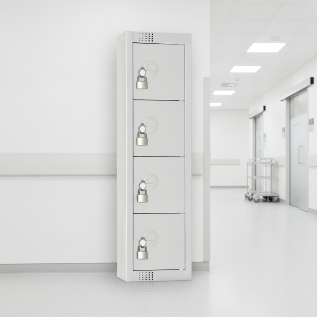 Steel Grey Four Door Personal Effects Lockers for Medical Facilities