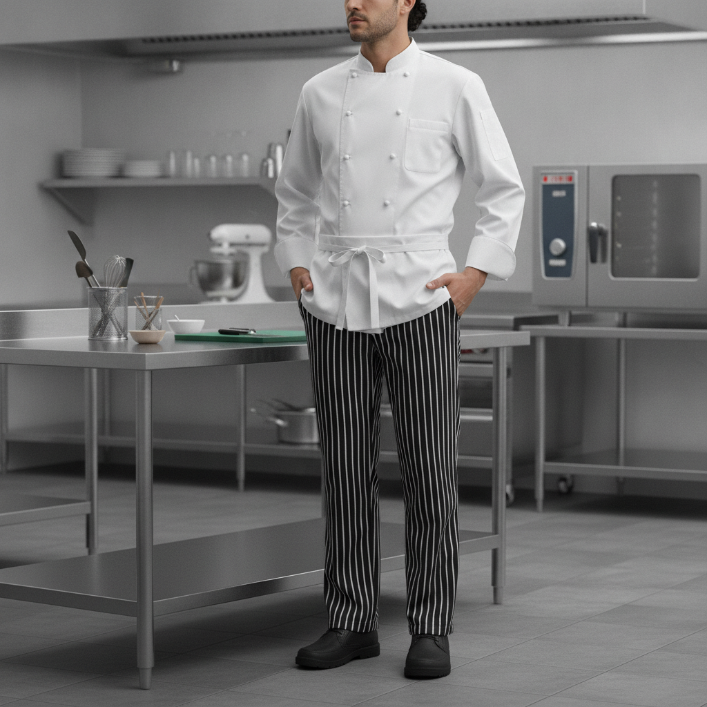 Polycotton Black-and-White Striped Chef Pants for Professional Use