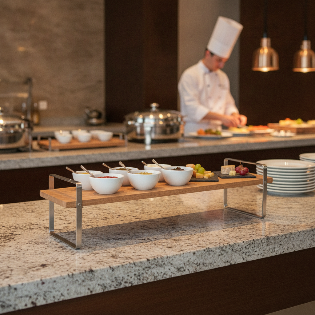 Oak Wood and Stainless Steel Small High Presentation Table for Buffets