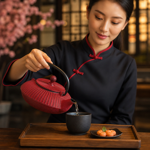 Cast Iron Teapot in Red for Stylish Hot Drinks Presentation