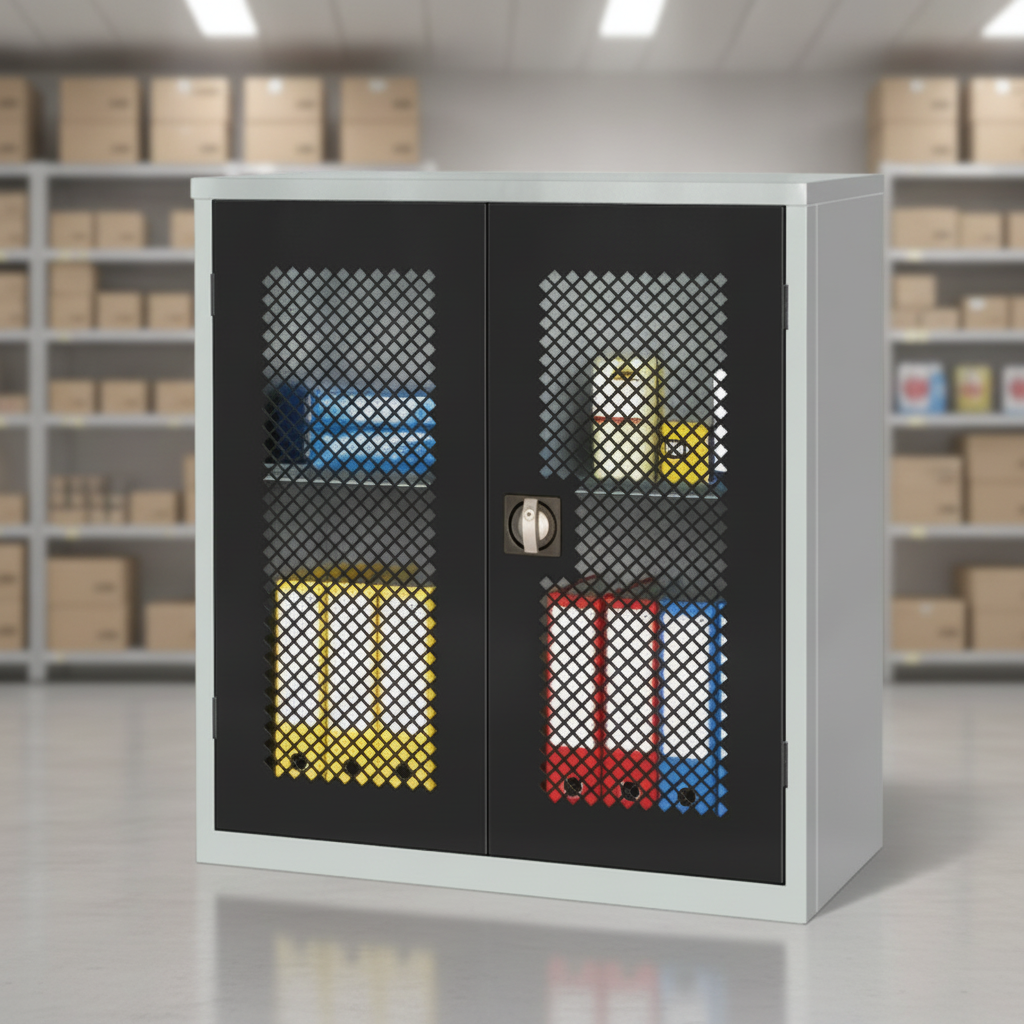 Powder Coated Steel Mesh-Fronted Stock Control Cupboard for Offices & Retail