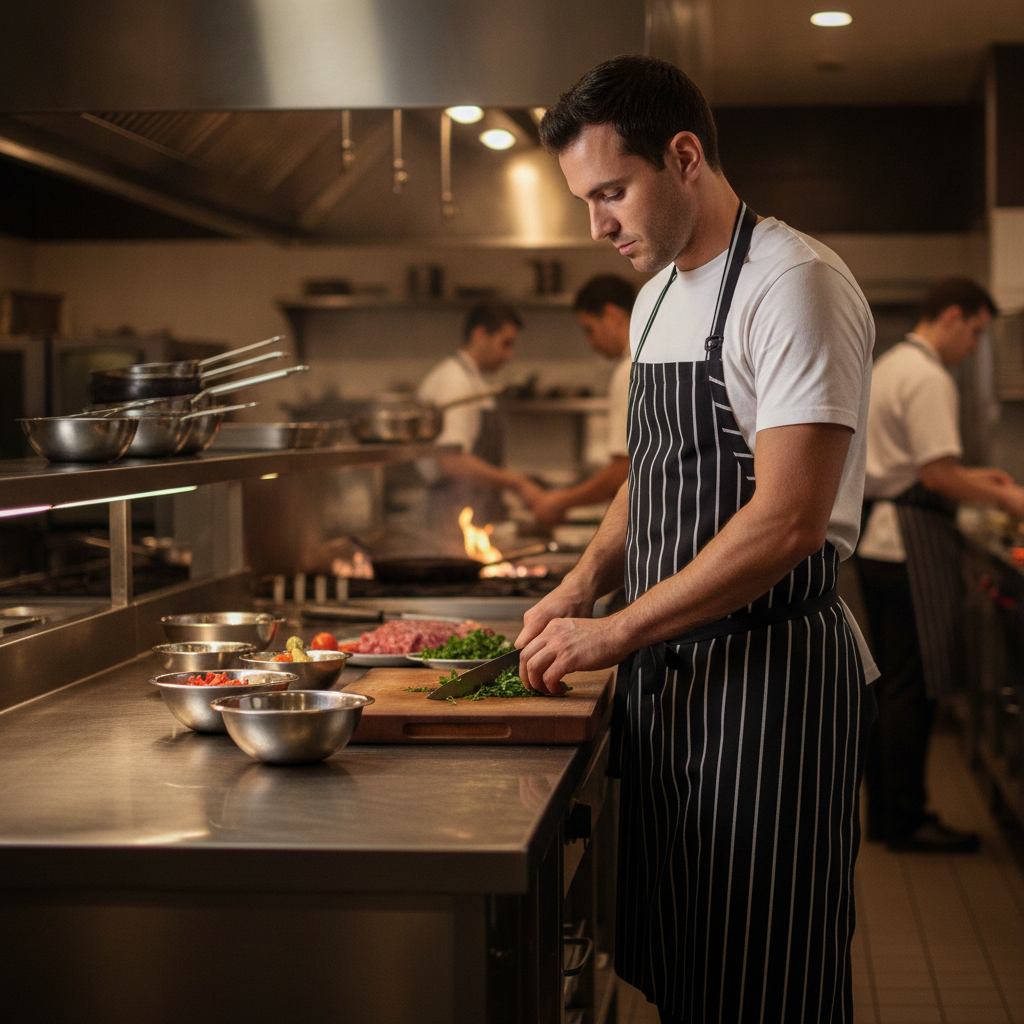 Polycotton Black Butcher's Stripe Bib Apron for Professional Kitchens