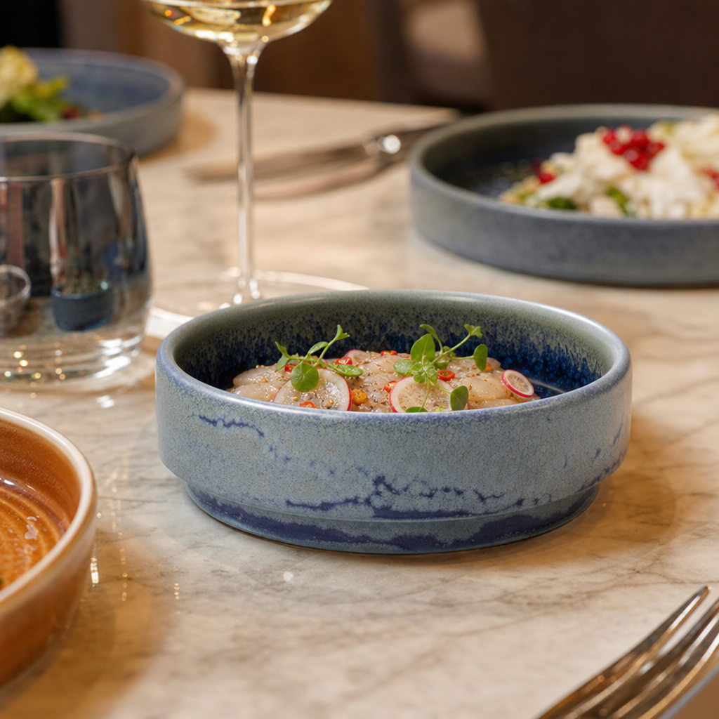 Round Stacking Trays Blue Vitrified Ceramic for Versatile Dining (Pack of 12)