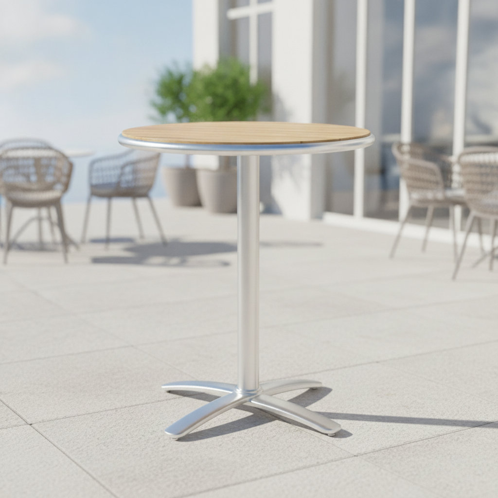 Aluminium & Ash Wood Round Flip Top Table 600mm for Outdoor Use