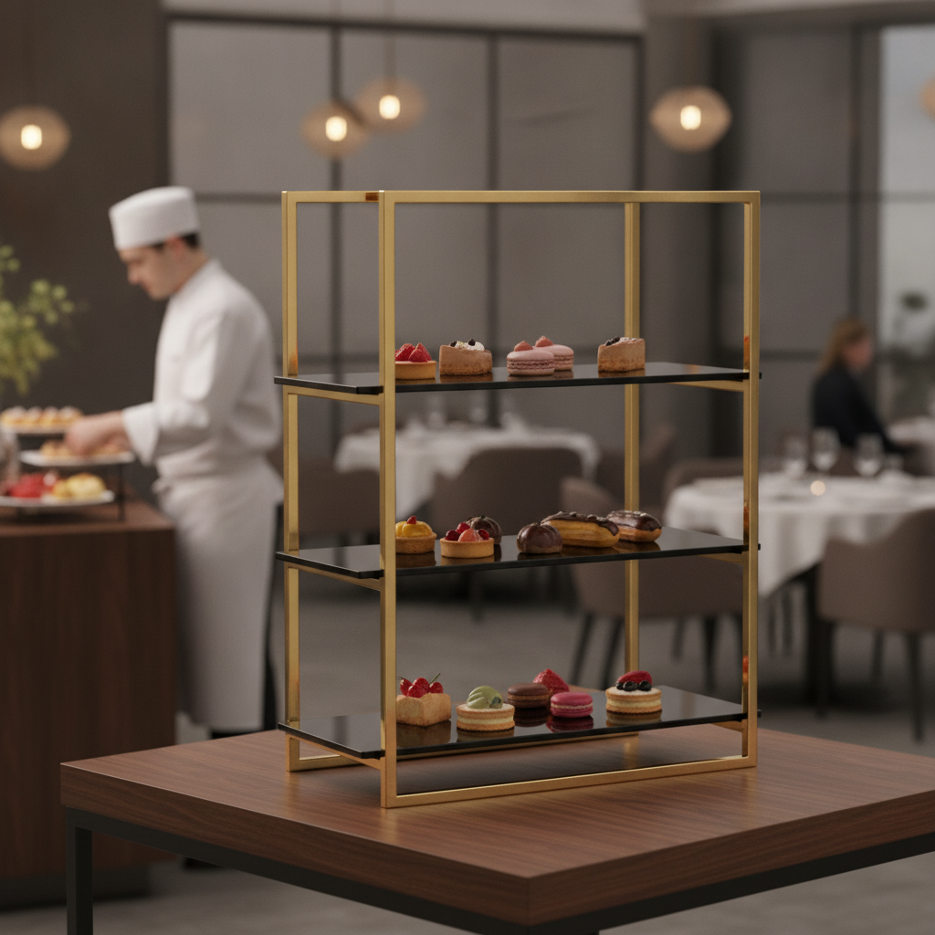Stainless Steel 3-Tier Cake Stand with Black Inserts for Buffets