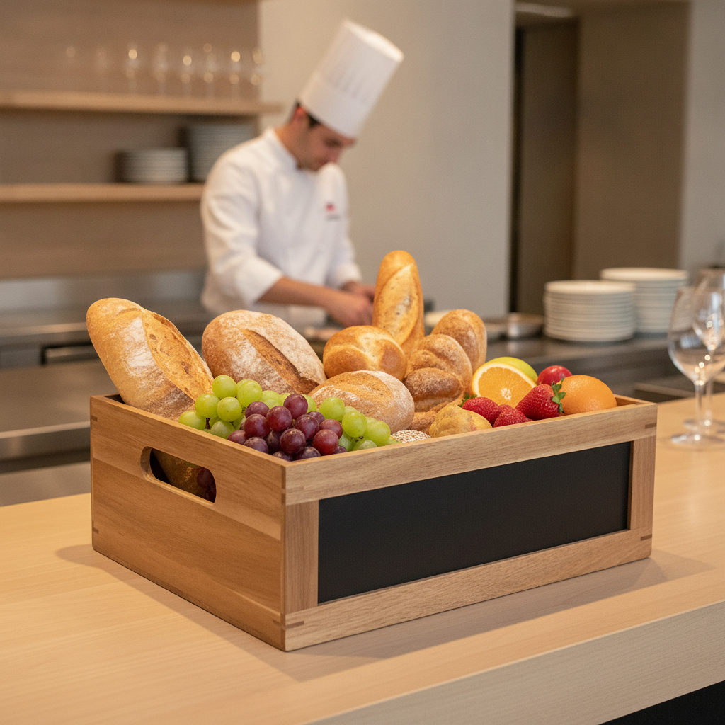 Acacia Wood Bread Crate with Chalkboard for Displaying Breads & Fruits
