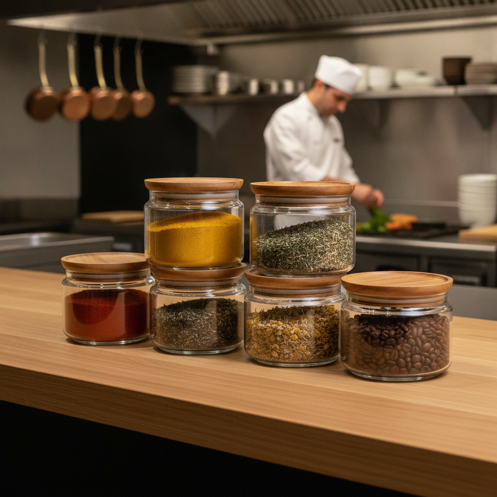 Glass Storage Jars with Wooden Lids 500ml for Home Kitchens (Pack of 6)