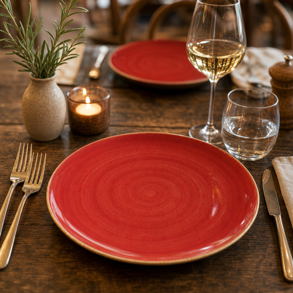 Round Coupe Plates Red Vitrified Ceramic for Rustic Table Settings (Pack of 12)