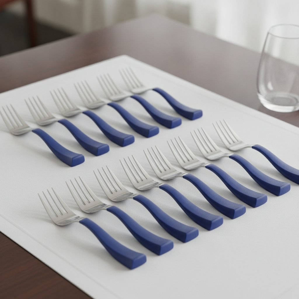 18/10 Stainless Steel Left Hand Forks with Blue Handles for Enhanced Dining Experience (Pack of 12)