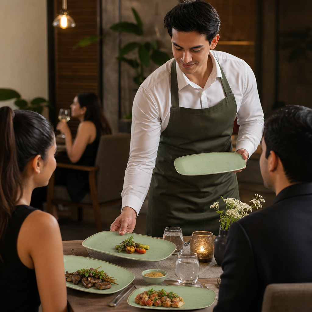 Oblong Plates Green Vitrified Ceramic for Dining (Pack of 6)