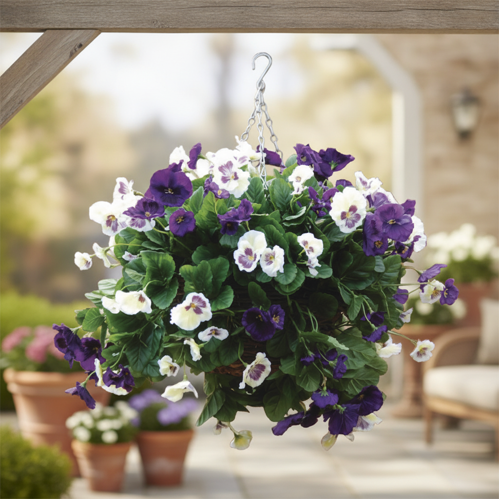 Realistic Purple and White Pansy Ball in Wicker Basket for Indoor & Outdoor Use