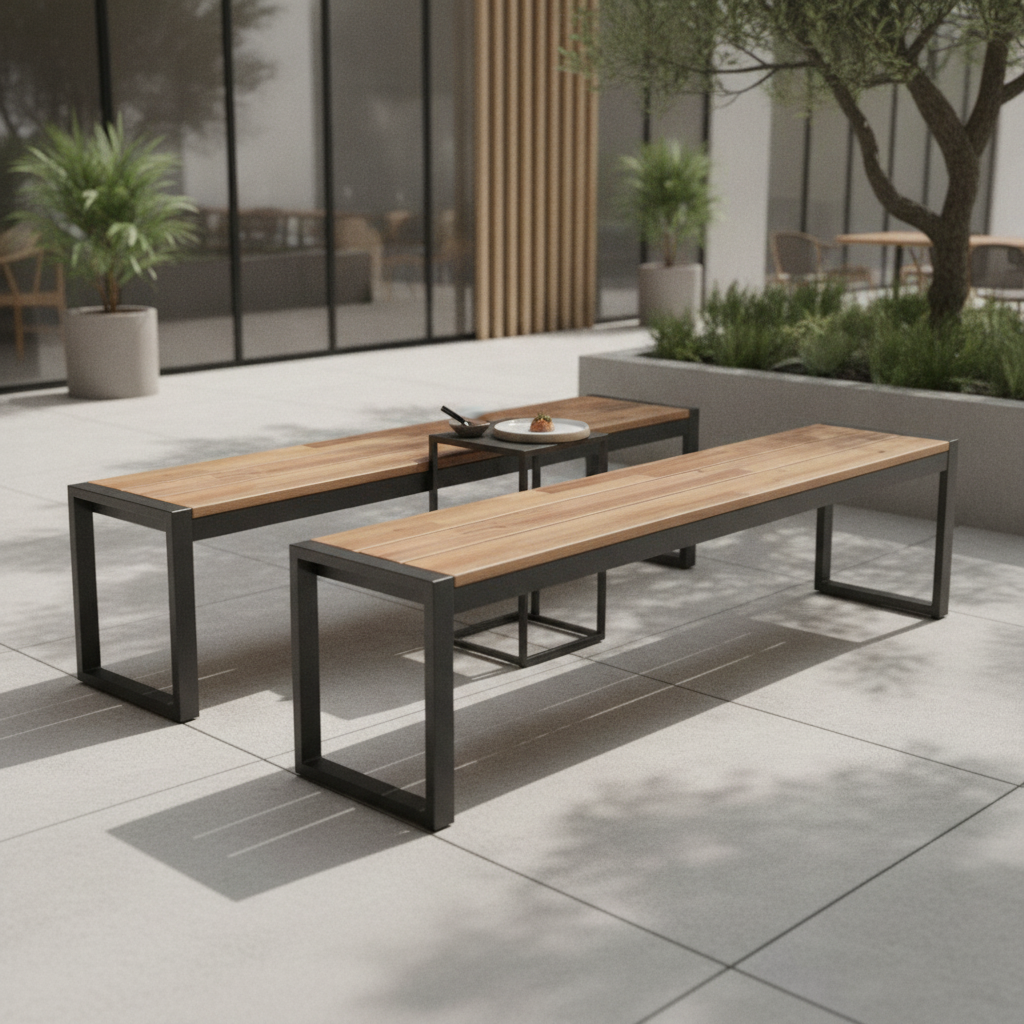 Acacia Wood and Powder-Coated Steel Industrial Benches 450mm for Indoor & Outdoor Use (Pack of 2)