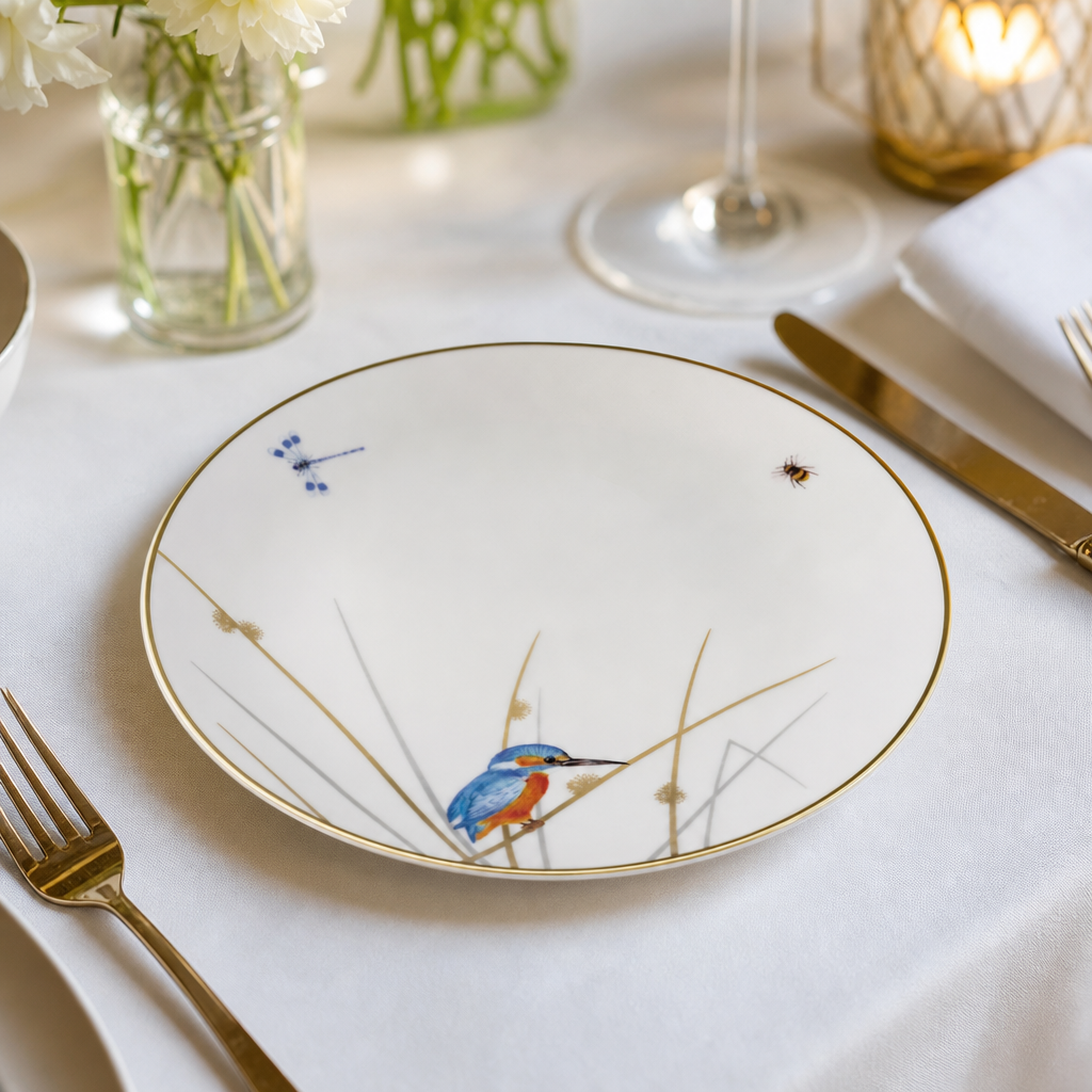 Coupe Plates Hand-Painted English Birdlife Bone China for Dining (Pack of 12)