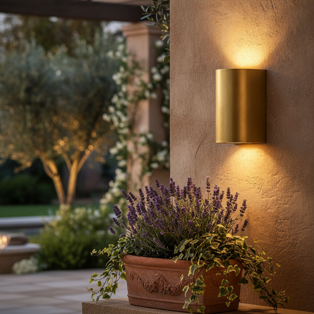 Brass Outdoor Wall Light with Dual Light Output for Patios & Gardens