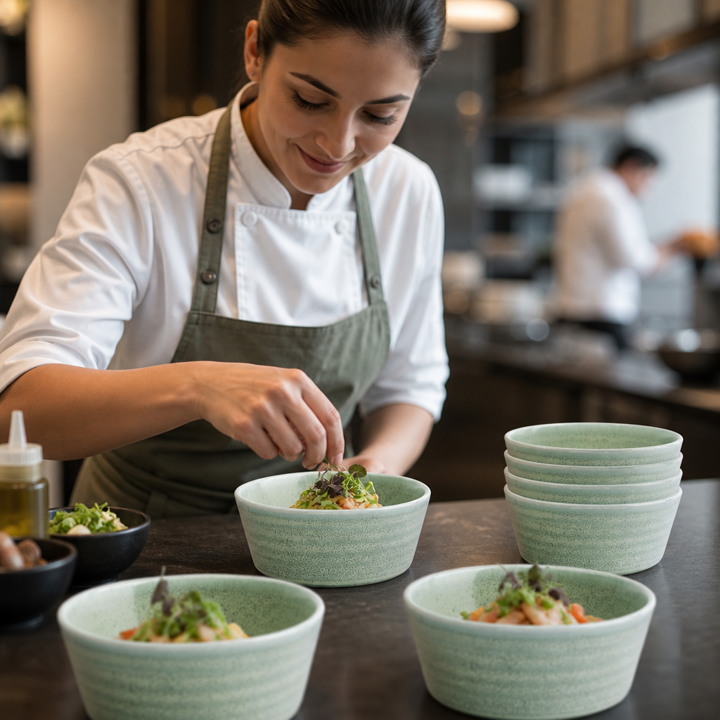 Flat Round Bowls Nature-Inspired 530ml Green Porcelain for Catering & Hospitality (Pack of 6)