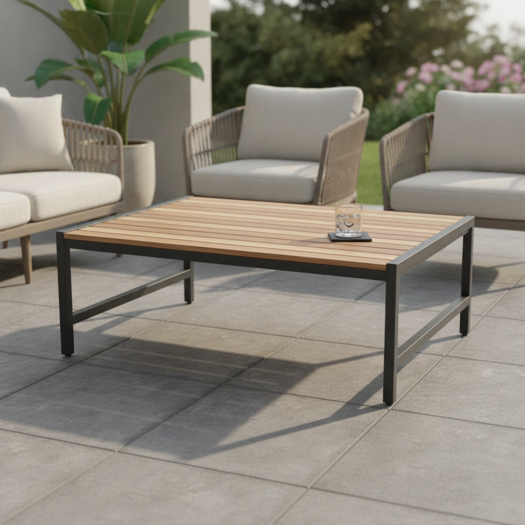 Acacia Wood and Powder-Coated Steel Low Coffee Table 410mm for Indoor & Outdoor Use
