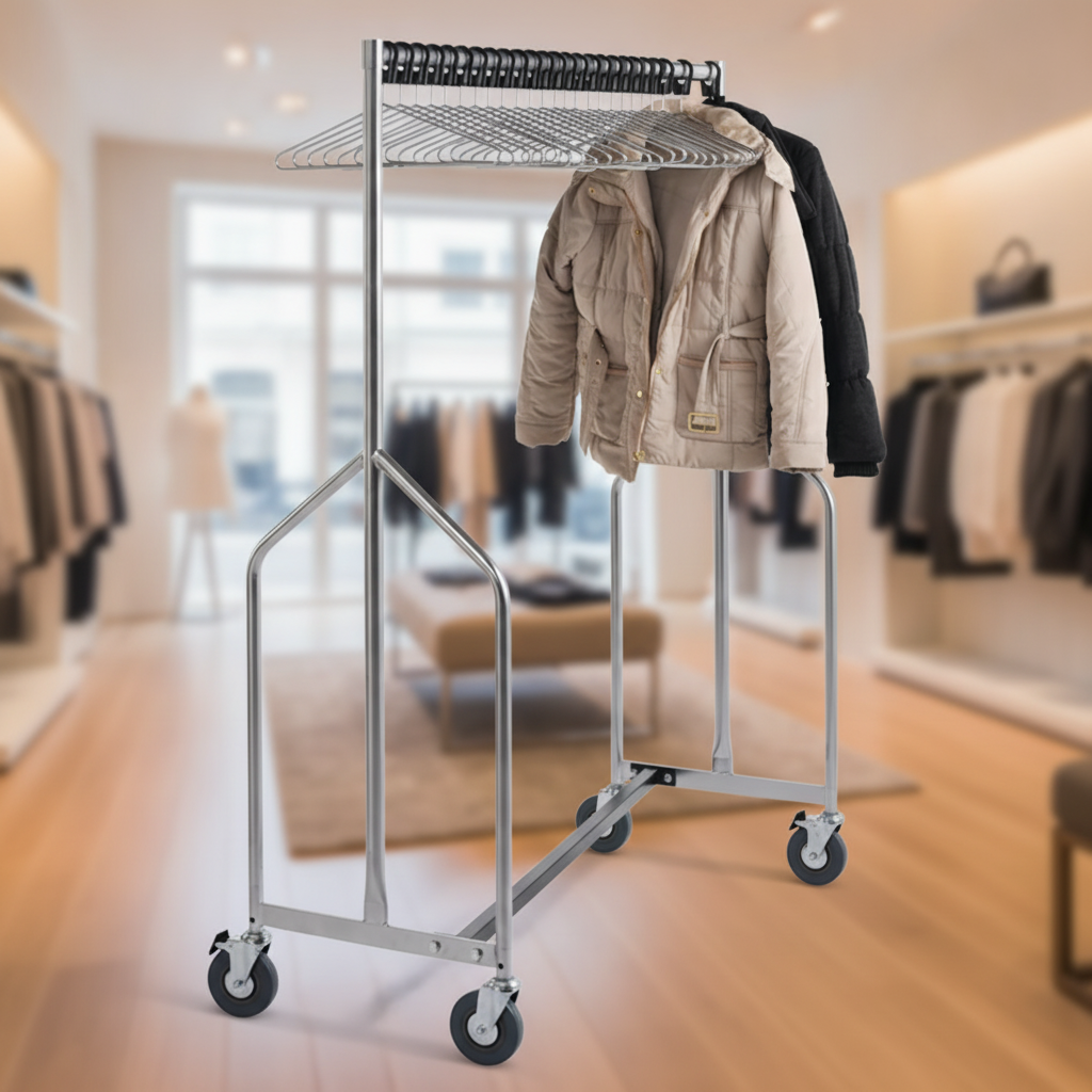 Metal Garment Rail with 25 Anti-Theft Hangers for Commercial Use