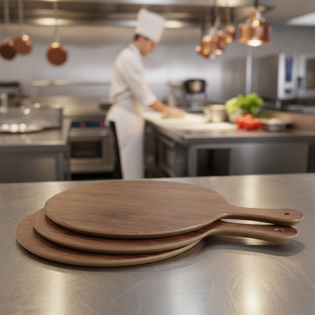 Melamine Oak Effect Round Handled Pizza Paddle Board 300mm for Catering & Hospitality