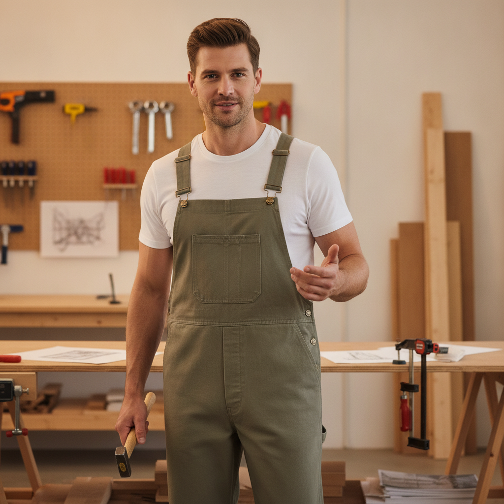 Cotton Canvas Bib & Brace Dungarees Khaki for Workwear