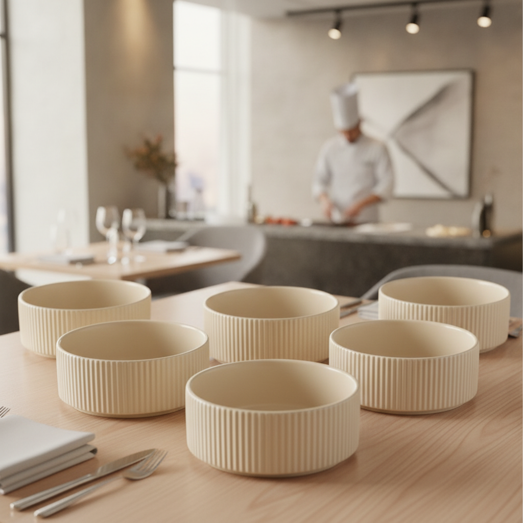 Porcelain Bowls 450ml in Sand for Catering & Hospitality (Pack of 6)