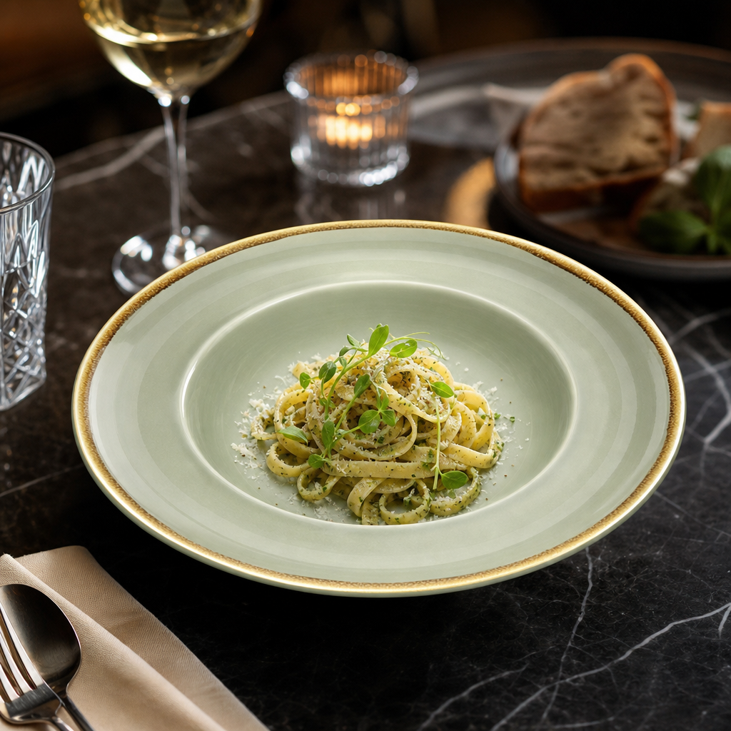 Moss Green Porcelain Pasta Bowls 250mm for Elegant Dining