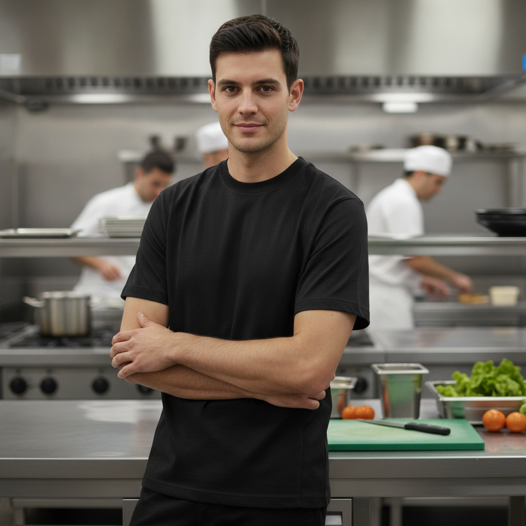 Black Cotton Chef T-Shirt with MeshAir for Kitchen Staff (Sizes S-XXL)