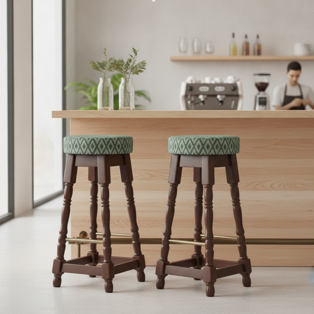 Rubber Wood High Bar Stool with Green Diamond Seat 770x345mm for Pubs & Cafés (Pack of 2)